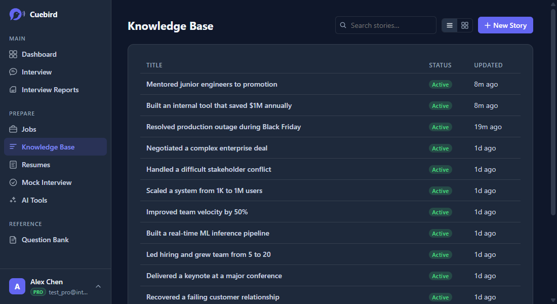 Knowledge Base stories list