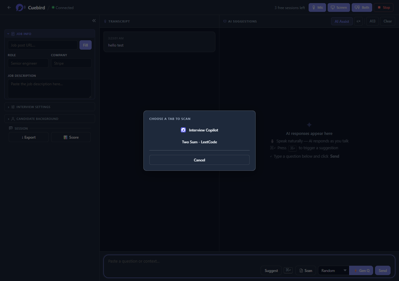 Tab picker modal showing LeetCode Two Sum tab